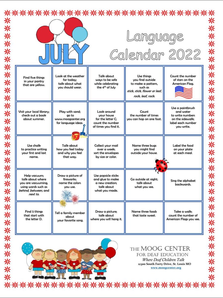 The July #LanguageCalendar is packed with variety of language-enriching games and activities for you and your child. Which activity is your favorite?☀️🍉📸 
 —  #summerfun #languagefun #listeningandspokenlanguage 
#deafeducation #teacherofthedeaf #moogcenter #slp