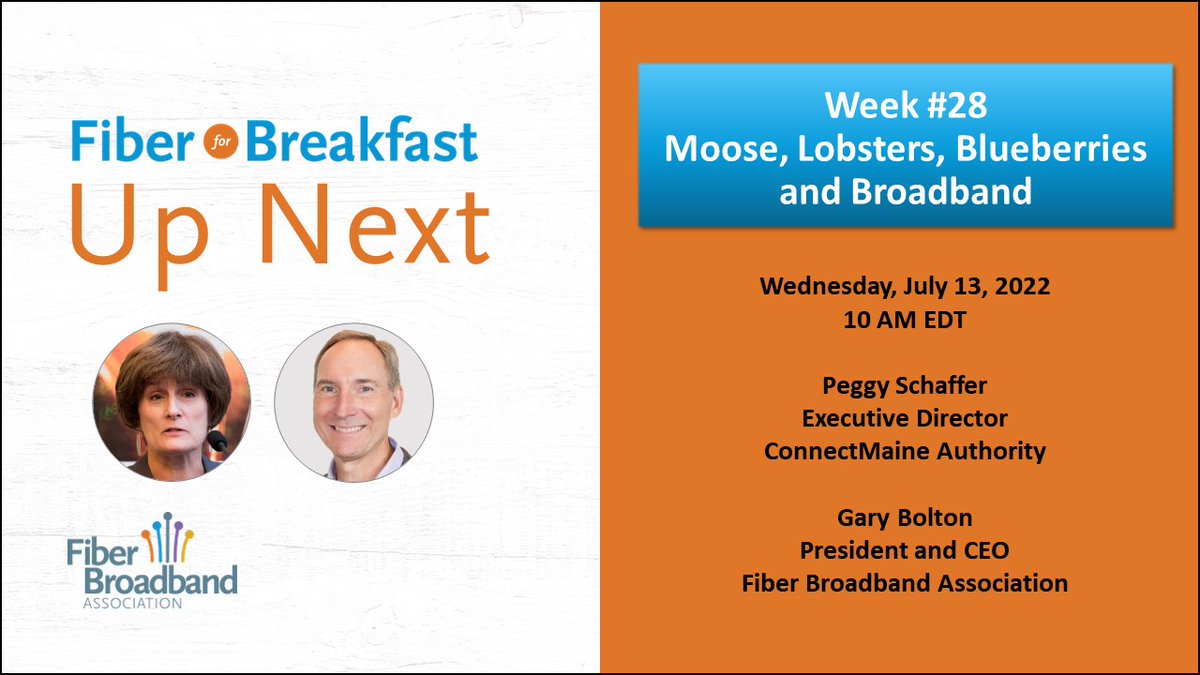 This Wednesday, we are speaking with Peggy Schaffer of <a href="/connectmaine/">ConnectME Authority</a> on #FiberforBreakfast to talk moose, lobsters, blueberries.. and broadband! 

Tune in to learn about Maine's plans to connect all ME residents and businesses to broadband. 

Learn more: bit.ly/FFB71322