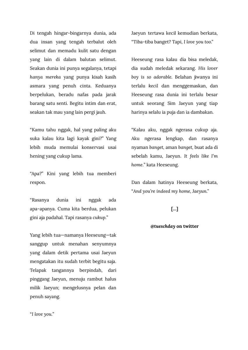 user108362904's tweet photo. heejake drabble: 𝗲𝘃𝗲𝗿𝘆𝘁𝗵𝗶𝗻𝗴 𝗶 𝗻𝗲𝗲𝗱
© June 2022, tueschday.
—
nggak tau konteks apa tapi ini super fluff and just fluff. idea of people in love! lucu banget. https://t.co/s3prE1jwtX