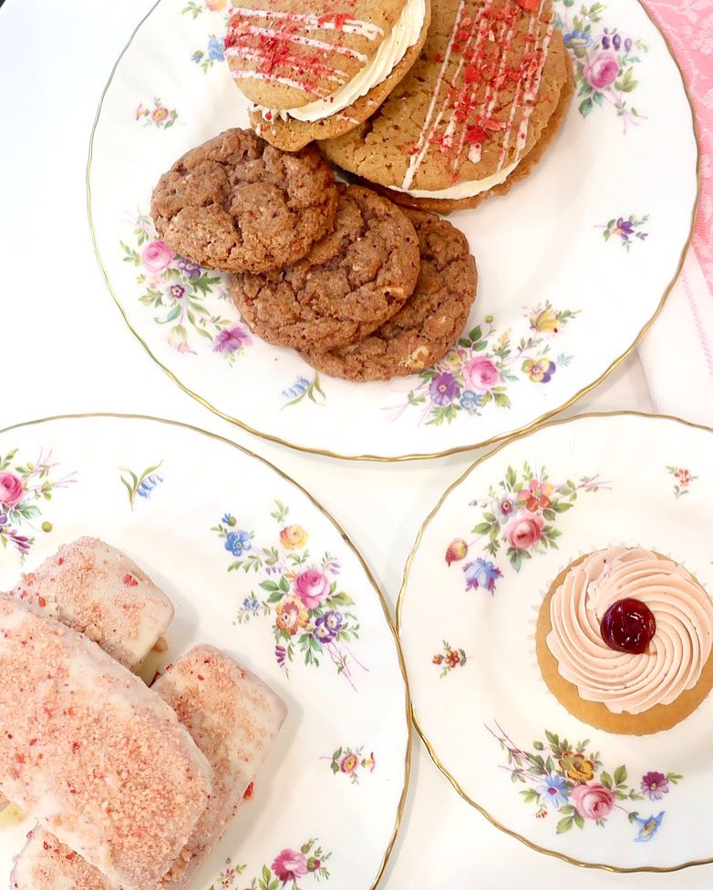 Check out these berry delicious treats! Strawberry shortcake snack cakes, strawberries &amp; cream cookies, strawberry cream cheese cookie sandwiches, and our classic strawberry fields cupcakes 🍓🍰 #StrawberryDesserts #nycbakery #cookie #cupcake