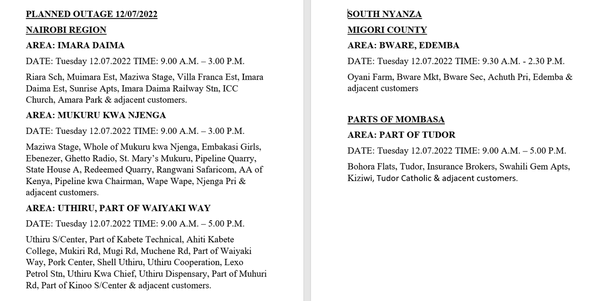 Good Evening. The following areas will be on a scheduled outage tomorrow (12.07.2022) to carry out network maintenance. ^CW