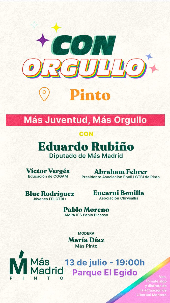 masmadridpinto's tweet photo. Pinto es Orgullo.
Nos vemos este miércoles día 13 en el parque del Egido. No te lo pierdas!
#MasJuventud #MasOrgullo https://t.co/KwnQaTNeio