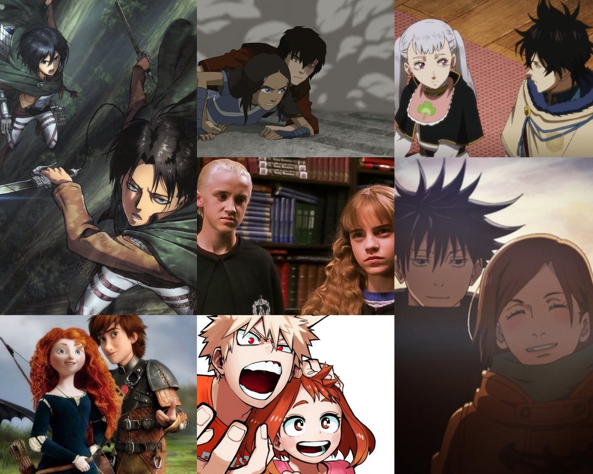 bryhaven's tweet photo. Welcome to my life, shipping the most hated/least preferred couples in their respective fandoms 🤣😂

#rivamika
#fushikugi
#yunoelle
#kacchako
#zutara
#mericcup
#dramione

All photos are official arts/shots, except the MeriCcup one - edited by me.

#anime #movieseries #animation https://t.co/rgshW0j4Vk