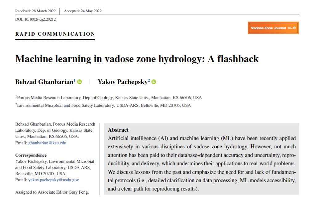 vadosezonej's tweet photo. New in #VZJ - Machine learning in vadose zone hydrology: A flashback - by Ghanbarian (@B_Ghanbarian) &amp; Pachepsky, who discuss database-dependent accuracy and reproducibility of #ML models, lessons from the past and the need for protocols.
https://t.co/vbMeDCYRGH
@KState @USDA_ARS https://t.co/t4Z2MtutOs