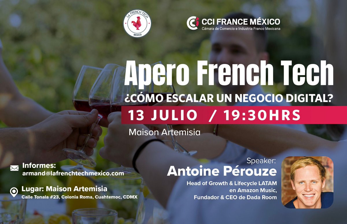 CCIFranMex's tweet photo. 🍷¡El próximo Apero French Tech será el miércoles 13 de julio a partir de las 19:30! 🥂
Apártenlo en sus calendarios 😎
Esta vez, tendremos el honor de recibir a Antoine Pérouze, fundador de #Dadaroom🏡, y actualmente Head of Growth & Lifecycle LATAM en @amazonmusic🎶 https://t.co/a1Moa8c2LT