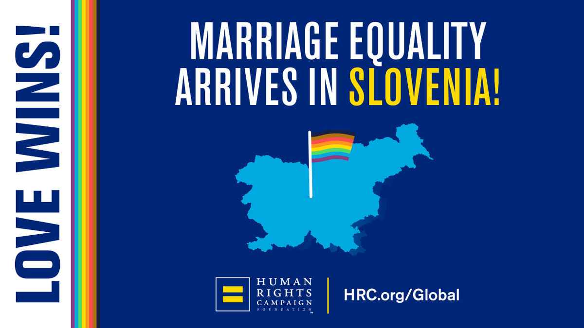 HRC's tweet photo. A historic win for the global LGBTQ+ community as the Slovenian Constitutional Court legalizes both marriage equality and the right for same-sex couples to jointly adopt!

Congratulations to the LGBTQ+ families in Slovenia now treated equally under the law. 🏳️‍🌈 #LoveWins https://t.co/1C7WxkJgB2