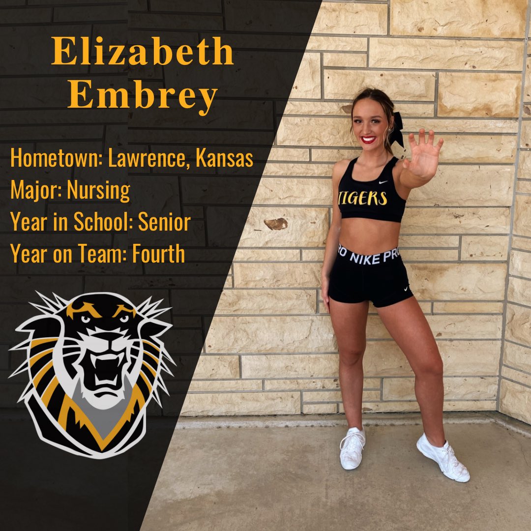 FHSUCheer's tweet photo. It’s MEET THE TEAM MONDAY! Liz is a positive leader for our team, and we can’t wait to have her back for her FOURTH year cheering on the tigers! 🐯#fhsucheer https://t.co/gWJS7yfLKZ