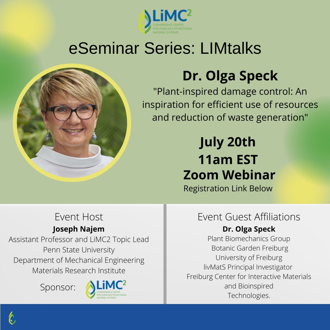 LiMC2_PennState's tweet photo. #LIMtalk is taking place on July 20th at 11am EST. Dr. Olga Speck will be speaking about "Plant-inspired damage control: An inspiration for efficient use of resources and reduction of waste generation" Register here for the event: https://t.co/YNDwJvF3AO
#LiMC2 #PennState https://t.co/hjolNqPnSc