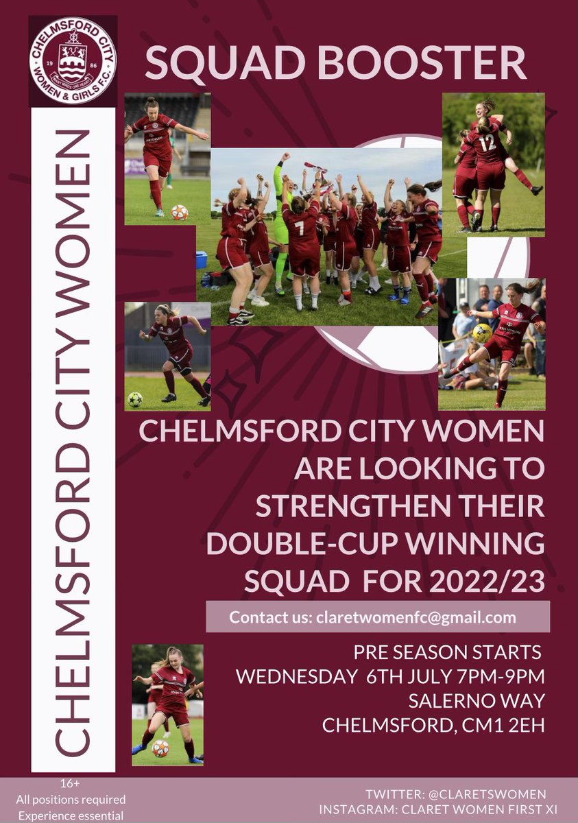 We’re building and will be training this Wednesday. Particularly looking for goalkeepers and defensive minded players as we look to strengthen both snr squads. Over 16? Come along!!! <a href="/CCWFCReserves/">Chelmsford City WFC Reserves</a> <a href="/WF_East/">Women's Football East</a> <a href="/EssexCountyFA/">Essex County FA</a> <a href="/JohnFowlersLLP/">John Fowlers Solicitors LLP</a>