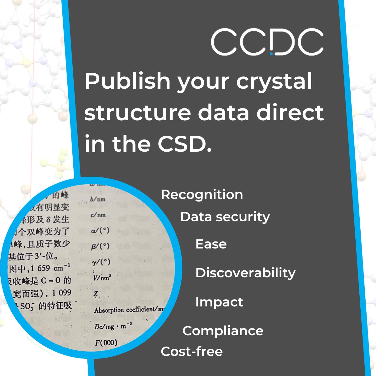 There are many reasons to share your unpublished data in the CSD. You can even share hard copy data! It's easy, and ensures the knowledge is preserved and used for decades to come. 

Learn more: hubs.ly/Q01gzDB-0

#crystallography #cheminformatics