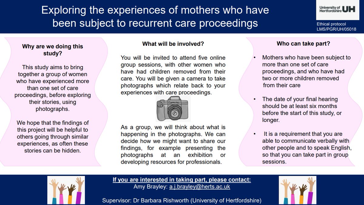 I am looking for participants to take part in a photovoice project, exploring the experiences of mothers who have been subject to recurrent care proceedings. Please share with anyone who may be interested, and let me know if you would like any more information