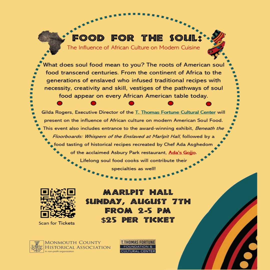 Join us for a presentation on the influence of African Culture on Modern American soul food by our Executive Director, Gilda Rodgers, as well as a tasting of historical recipes. Register here! monmouthhistory.org/soul-food