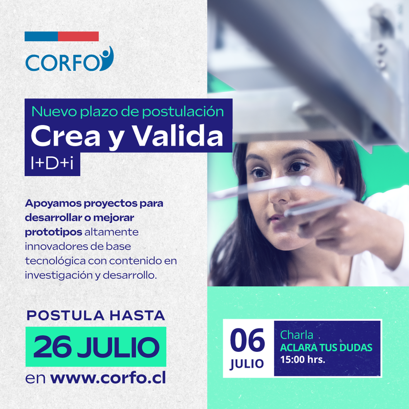 CorfoLosLagos's tweet image. Atención: ahora tienes más plazo para postular con tu prototipo al programa Crea y Valida I+D+i. Inscríbete en las charlas donde responderemos todas tus dudas ➡ bit.ly/3xvQbjd y postula aquí ➡ bit.ly/39xBYdr