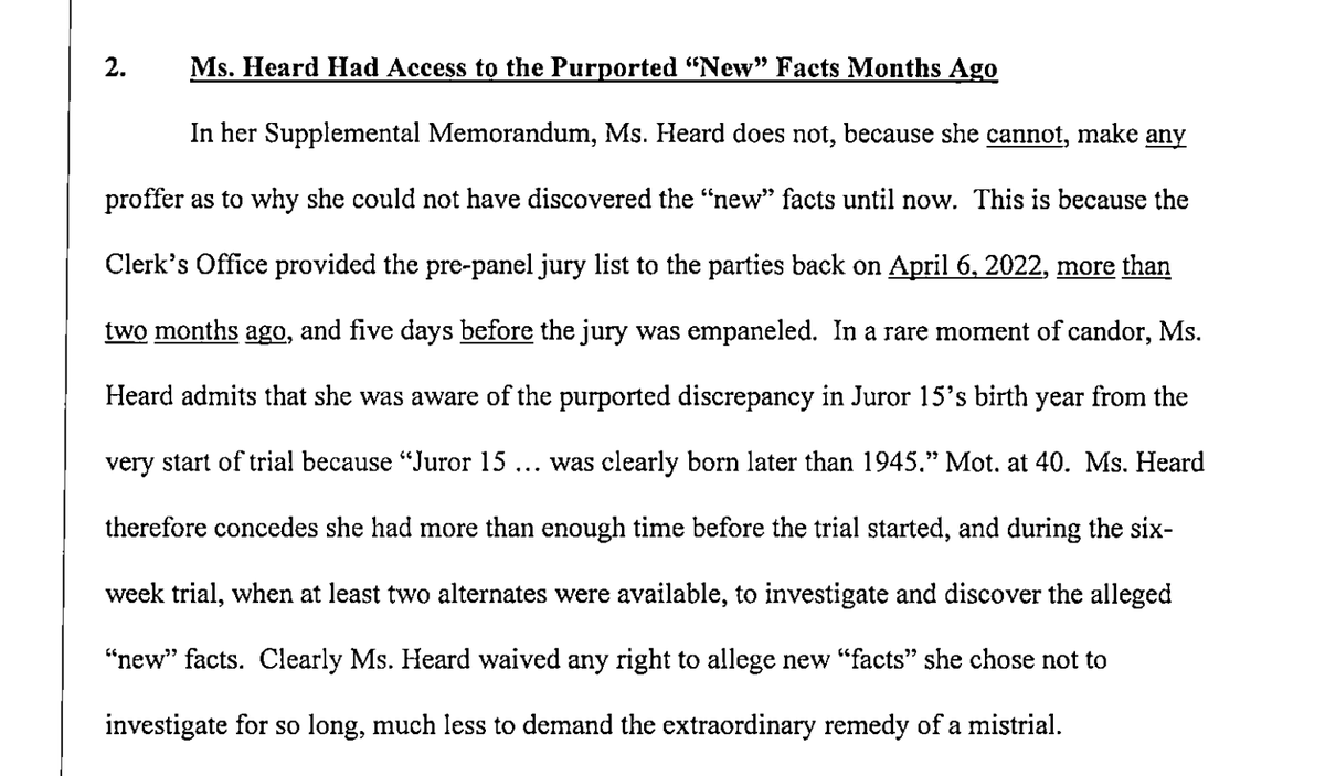 LauraBockov's tweet photo. Update:  Johnny Depp vs Amber Heard (Fairfax)
Depp has moved to Strike Heard's motion regarding Juror 15 as untimely (too late)

Heard admits that she WAS aware of the discrepancy  of Juror 15 age FROM THE START OF THE TRIAL!

Alternates were available.
https://t.co/B62d0wnVcO https://t.co/Q56EV5xRSt