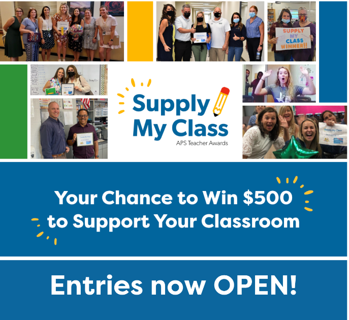 apsFYI's tweet photo. Supply My Class is back! Each year, we award $500 to randomly selected, Title 1 K-12 teachers w/in our service area to help ensure they have the resources they need to support their students’ success. Applications are now open. Apply at https://t.co/P4wI2uFm3x. https://t.co/3js7vuMPrs