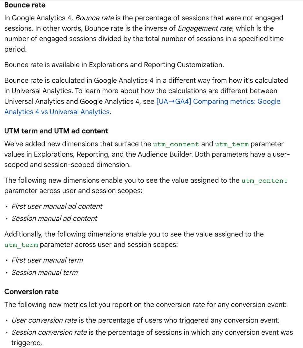 CharlesFarina's tweet image. GA4 has a few new releases rolling out
- Bounce Rate
- UTM Term and UTM Content
- Conversion Rates (Users and Session)