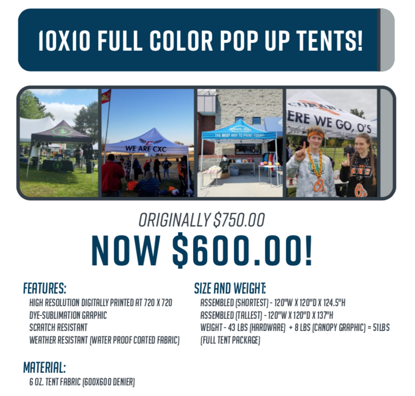 Does your business do a lot events? Does your team want to stand out at a game or meet? Do you feel like you just blend in? WELL WE HAVE YOU COVERED! This month we have a great deal on our pop up tents. These are super rugged pop up tent that you can fully customize!