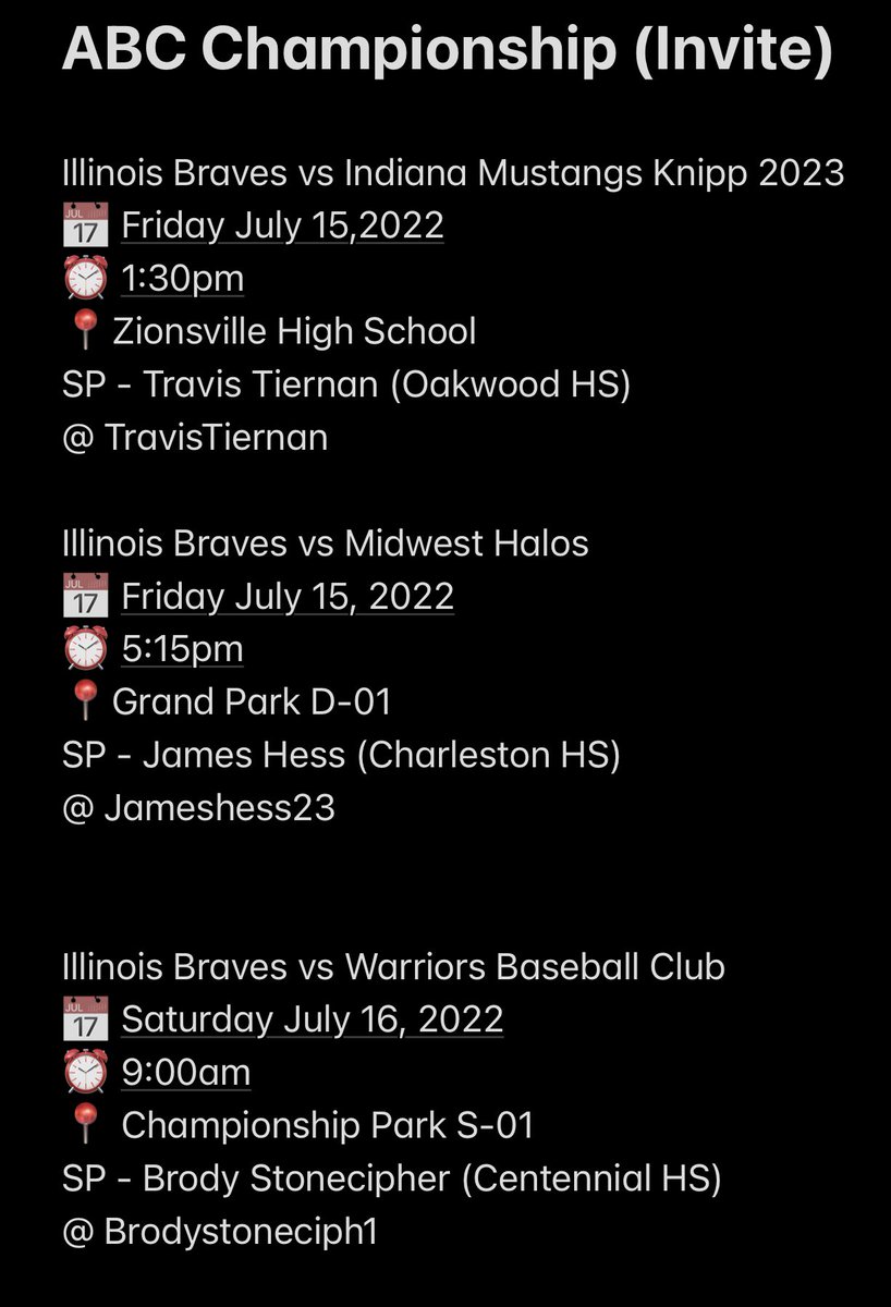 Illinois Braves 2023 Pitching Rotation for ABC Championship Invite Division Pool Play <a href="/babyboy0401/">sam flowers</a> <a href="/ILBraves/">Illinois Braves</a> <a href="/Bullpenevents/">Bullpen Tournaments</a> <a href="/GrandParkSports/">Droplight Grand Park Sports Campus</a>