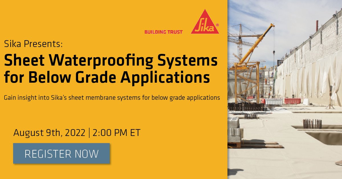 Sika_USA's tweet photo. Join us Tuesday, August 9th at 2 pm ET and learn about our innovative and long-lasting below grade solutions to reduce the risk of water intrusion and control repair costs. Register here: https://t.co/fddVgtEMty

#belowgrade #waterproofing #webinar #sika https://t.co/dXaw2y358R