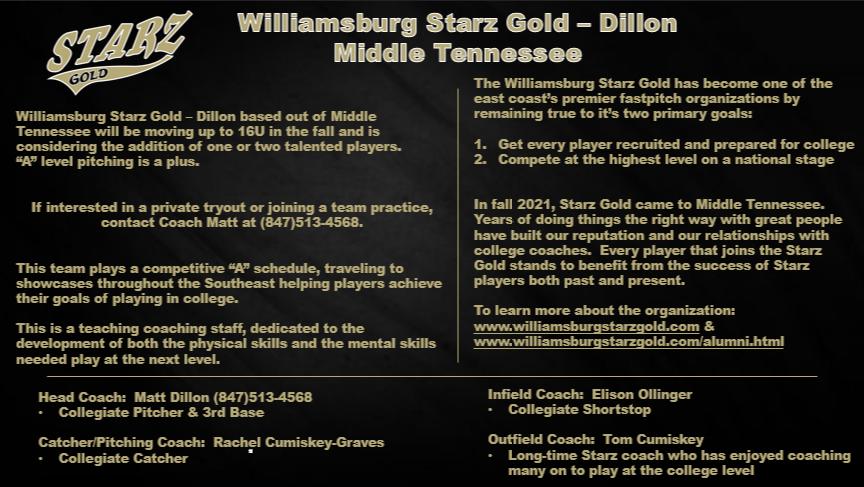 StarzGoldDillon's tweet photo. Williamsburg Starz Gold Dillon, based out of Middle Tennessee, is moving up to 16U in the fall and is considering the addition of up to 2 players, "A" pitching is a plus. 

Contact Coach Matt Dillon (847)513-4568
 @StarzGold https://t.co/9HKQ6Kkybz