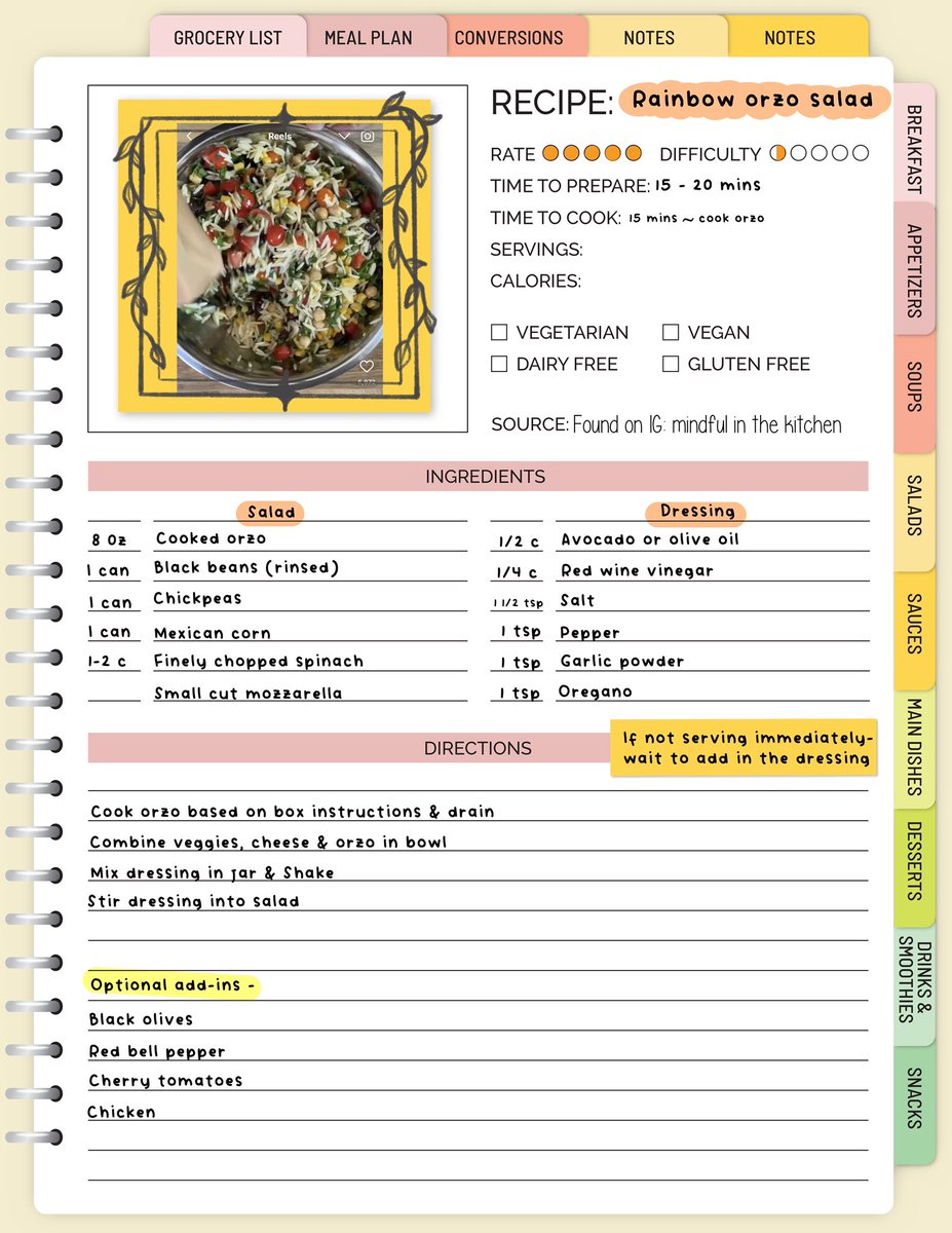 Here is a quick &amp; super easy recipe I saw on IG. It’s a light, delicious summer salad. I wrote the instructed recipe, but I did more orzo &amp; spinach personally. I also hate raw tomatoes to I didn’t include them personally.