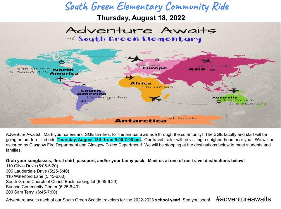 SouthGreenElem's tweet photo. Adventure awaits our South Green Scotties! See below for our annual Ride through the Community! #growingandlearningtogether #findingourgift #adventureawaits https://t.co/7FXNgRUi05