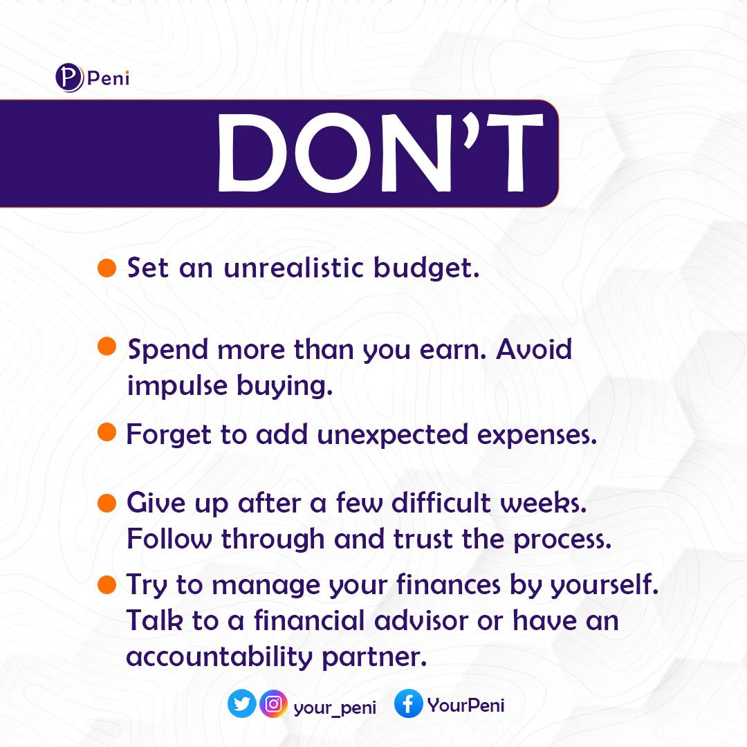 Your_Peni's tweet photo. There are a thousand ways to budget and it’s not a one-size-fits-all process. 👌

Here are some general rules of thumb to help you.👇
Which one you would start doing and which you intend to stop?👇🤗

#peni #yourpeni #budgeting #yourpennycounts #finance #dosanddonts https://t.co/qbLDN9OZn9
