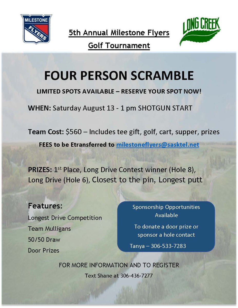 SrFlyers's tweet image. 5th Annual Flyers Golf Tournament August 13th. 1:00 pm Shotgun start, door prizes, longest putt, longest drive and best team score. Text Shane to enter your team 306-436-7277 #FlyNation @LongCreekGolf