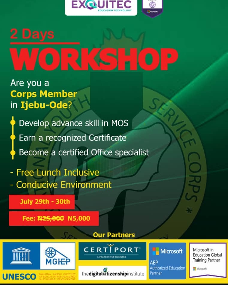 exquitec's tweet image. After 33k what's next?

Corp members at Ijebu-Ode, here's a 2day workshop available for you...because you shouldn't worry about the allawee, but the value you have and what it can do for you.

This workshop impacts value.

Don't miss out on this offer 

#nysc #corpmembers