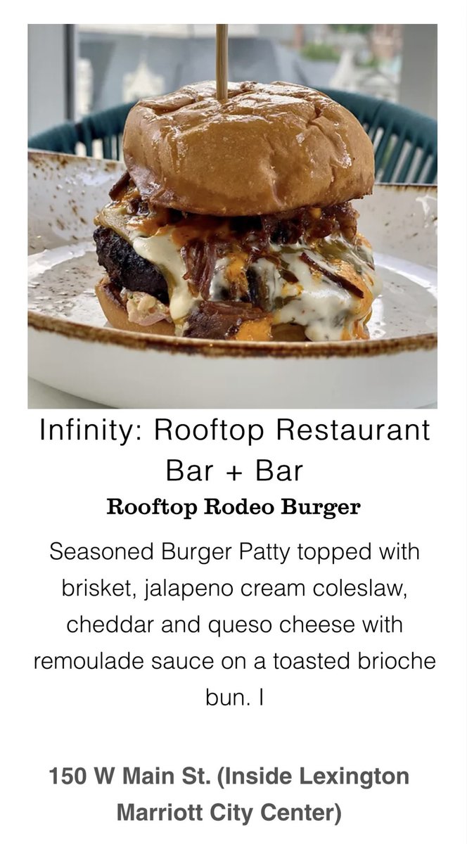 a_mills25's tweet photo. It’s that time of year again! Kicking off @LexBurgerWeek at Infinity with the Rooftop Rodeo Burger! It was my first time at the restaurant, and I was very impressed by the burger. The jalapeño slaw gave it the perfect kick. Check them out! #LexBurgerWeek #ShareTheLex https://t.co/K0X407OGCl