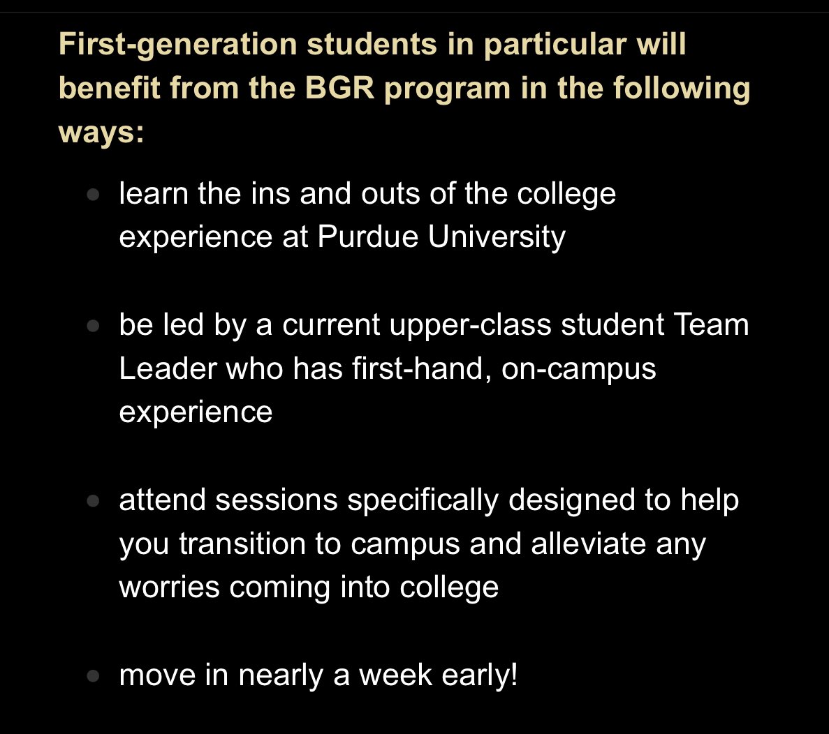 If you know an incoming first-gen freshman who hasn’t yet registered for Boiler Gold Rush, please encourage her/him/them to do so. There will be special programming for these students that week.