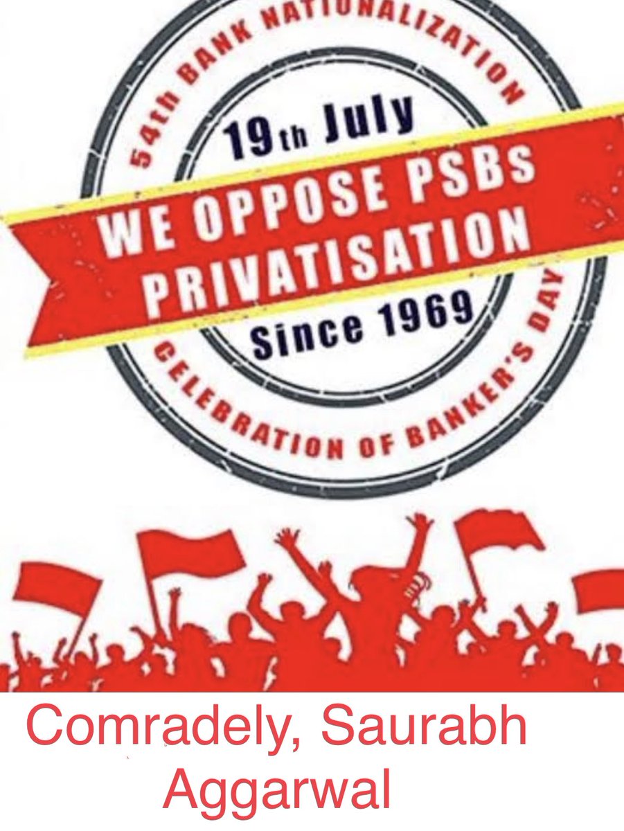 Happy 54th Bank Nationalisation Day. Let fight tooth &amp; nail together against propose reverse of Nationalisation Bills of Govt to save our Mother Institutions i.e. our Maa. The onus of carrying forward legacy lies with us. 
#BankBachaoDeshBachao
#BankersDay
#ListenPmPSBsNot4Sale
