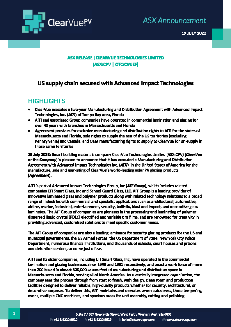 ClearVuePV's tweet image. @ClearVuePV announcement on 2 year manufacturing & distribution agreement with US based Advanced Impact Technologies Inc., securing the Company's US supply chain!
Click link for FULL announcement.
bit.ly/3RJvny4
#ClearVue #ClearVuePV #solarglass #solarwindows #BIPV