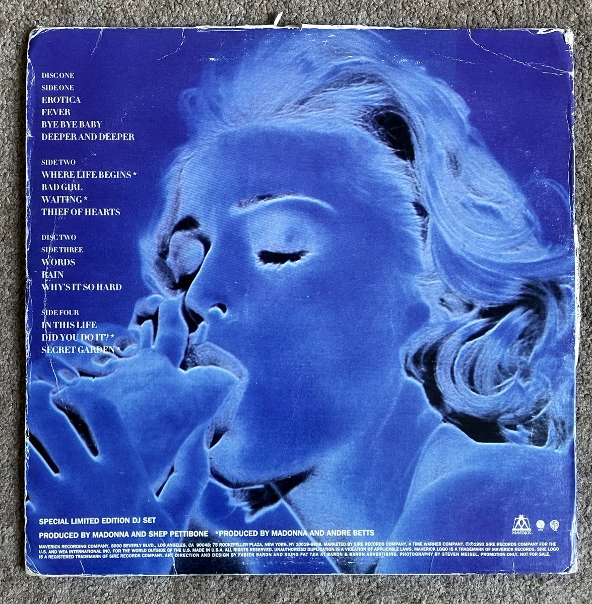 spjury's tweet photo. #Secondhand Op-Shop find: #Madonna Erotica. Original 1992 #promo double LP. The sleeve has significant damage with rips, tears & creases everywhere, but the vinyl looks barely played - despite some graffiti on the labels! PRO-A-5904 πΆπ#Vinyl #PromoVinyl #LP #MadonnaErotica https://t.co/wjpeJzkOQl