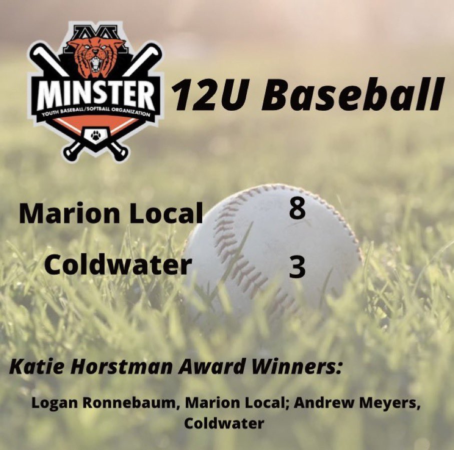 MarionCBaseball's tweet photo. Congrats to Marion Local 12U on beating excellent Coldwater and St. Henry 12U teams tonight to win the @PlayBallMinster Minster Classic Baseball 12U division.
#MarionLocal https://t.co/WZJYWE5jZO