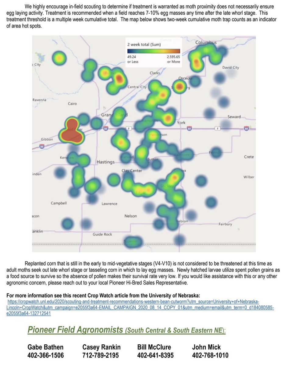 Western Bean Cutworm pheromone traps across central NE indicate higher pressure levels this year than in recent years.  Growers are advised to scout fields. Here is the July 18 update of moth activity as indicated by pheromone traps. <a href="/PetersonInsects/">Julie Peterson</a> <a href="/BobWrightUNL/">Robert Wright</a> <a href="/jenreesources/">Jenny Brhel</a>