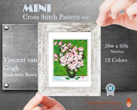 Mini Cross Stitch Pattern ART - Vase with Roses- etsy.me/3Oizo9N #minicrossstitch #crossstitchpattern #vangogh #vangoghpainting @etsymktgtool