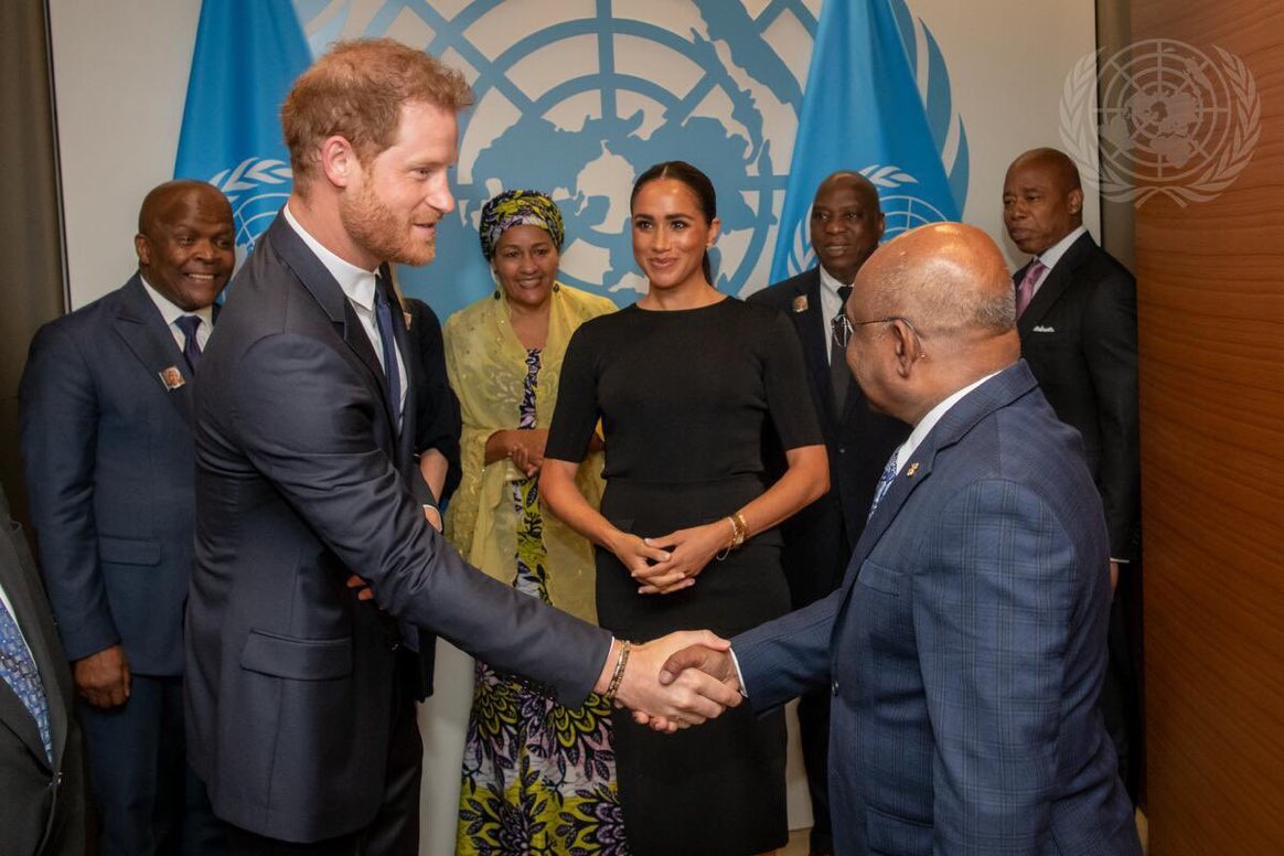 UN PHOTO: Prince Harry greets H.E  Abdulla Shahid, President of the seventy-sixth session of the United Nations General Assembly. July 18th.
