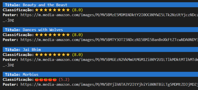 Jr_Obom's tweet image. Dia 1 do #ImersaoJava na @AluraOnline 
Fiz uma pequena mudança: Se a nota do IMDB for maior que 5.5 ele exibe a avaliação em estrelas⭐, abaixo disso, em tomates🍅👀

#alura #Java 
Repositório: github.com/git-jr/sticker…