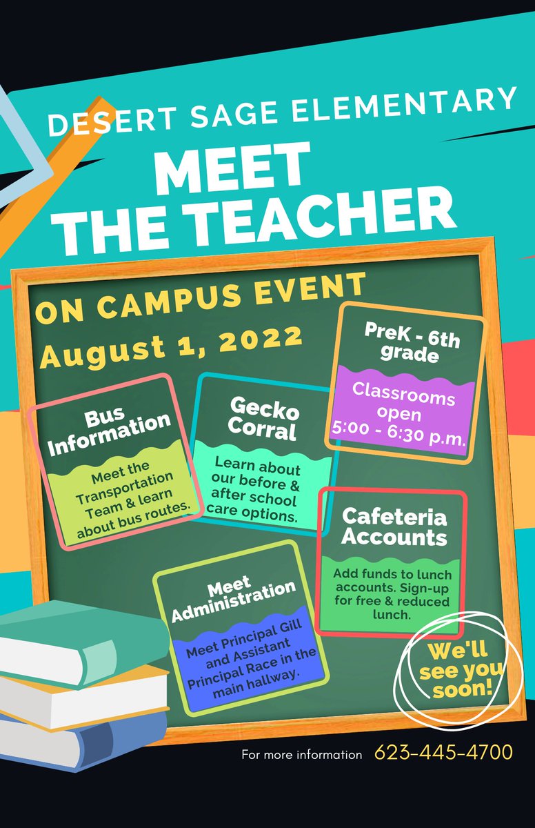 DesertSageElem's tweet photo. Desert Sage Meet the Teacher Event: Monday, August 1st 5 p.m.-6:30 p.m.  Can't wait to see everyone! https://t.co/zspPY6wXNo