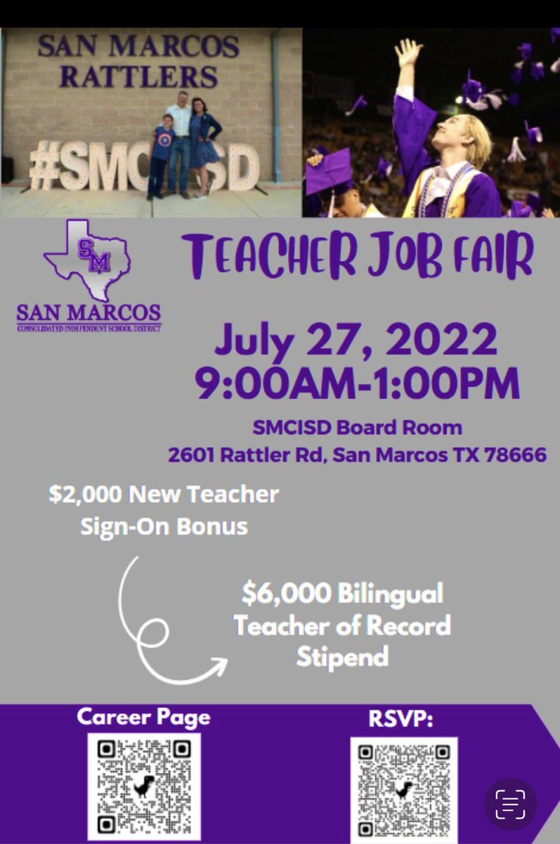 SMCISD_HR_Dept's tweet image. Join us for our Teacher Job Fair, July 27th. We are hiring teachers at all levels and new teachers can earn a $2,000 sign-on stipend. With SMCISD not only do you get to work with the best district but you also have Texas State University in our backyard!@SanMarcosCISD @TXSTCOE