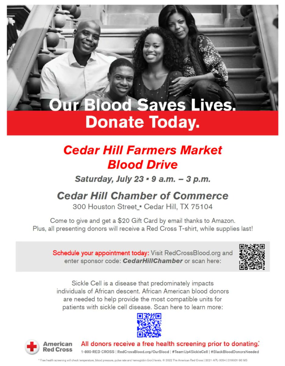 This Saturday at the Cedar Hill Farmers Market is the Red Cross Blood Drive.
Sign up for a time slot: buff.ly/3cpTKR5
Your blood is needed more than you think. When you give blood, you help save lives.