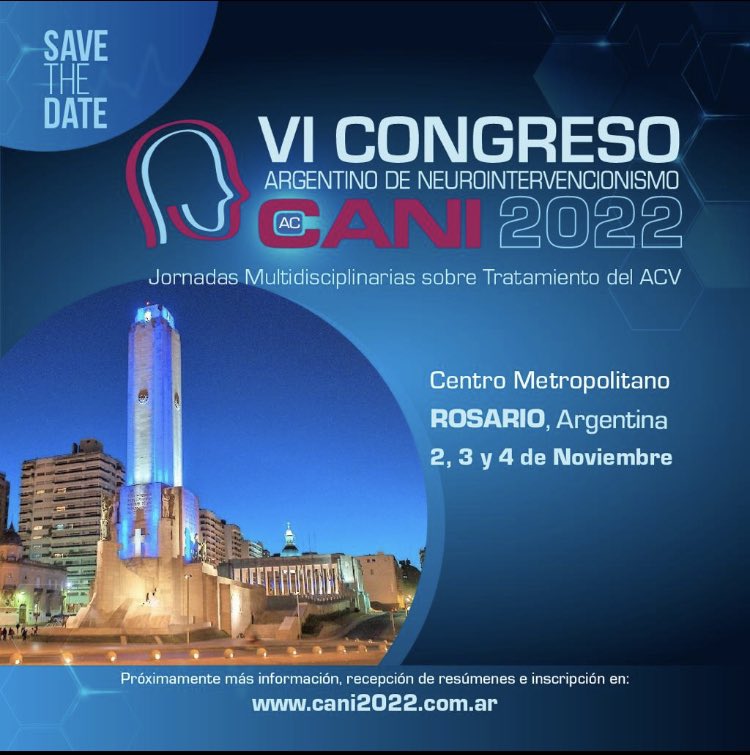 👉 SAVE THE DATE!
🎯 VI Congreso Argentino de Neurointervencionismo CANI 2022
Jornadas Multidisciplinarias para el tratamiento del ACV
📅  2, 3 y 4 de noviembre
Rosario, Argentina
 
🔎 Próximamente más información para envío de resúmenes e inscripción.
 
#CongresoCANI2022