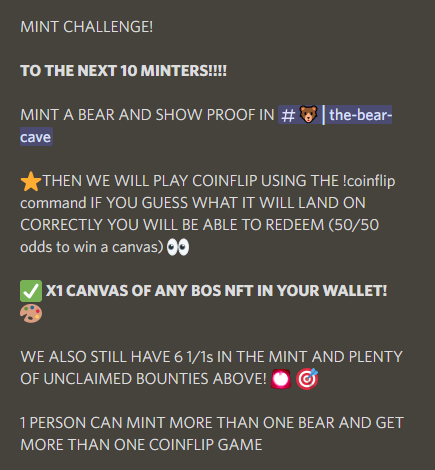 onlinetradehut's tweet photo. MINT A 🐻= GET A COINFLIP 50/50 CHANCE TO REDEEM A HANDPAINTED CANVAS OF ANY BOS NFT IN YOUR WALLET 🐻🎨

For the next 7 minters only ⏰

Still 5 1/1s remaining as well! 5 have been pulled! 👀

 https://t.co/hODZ67MGew

#nft #nfts #NFTMintAlert #NFTCommunity #nftart #SolanaNFTs https://t.co/vOmGat7viE