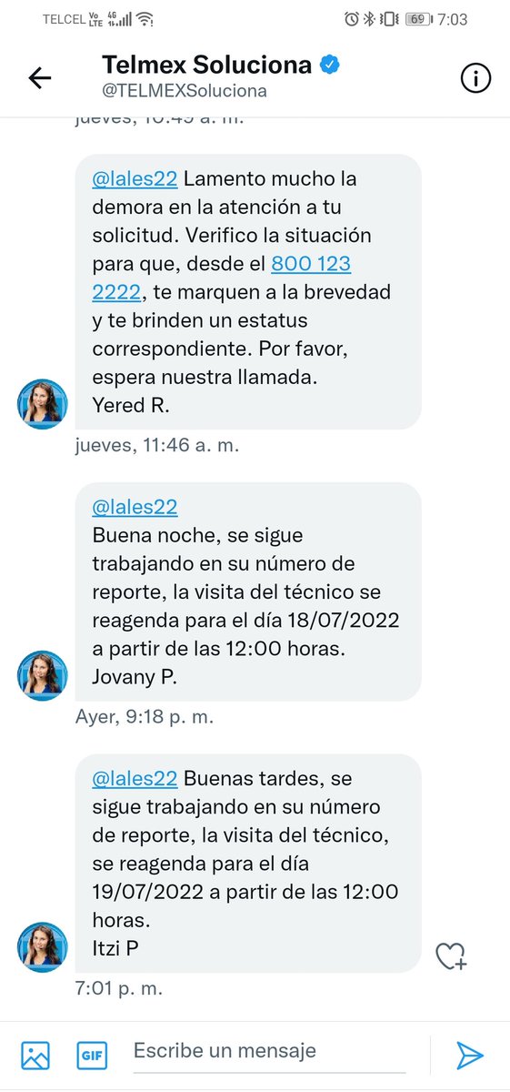 lales22's tweet photo. Que creen?? @Telmex @TELMEXSoluciona nunca llegó el técnico! Se me hace super raro porque quedaron muy formales de que venía hoy! (Así dicen todos los días) 
Ah si, aquí les dejo se respuesta de hoy, que se agenda para mañana!! NTPM! @Carlos_Slim_D https://t.co/W5TlNTtu1G