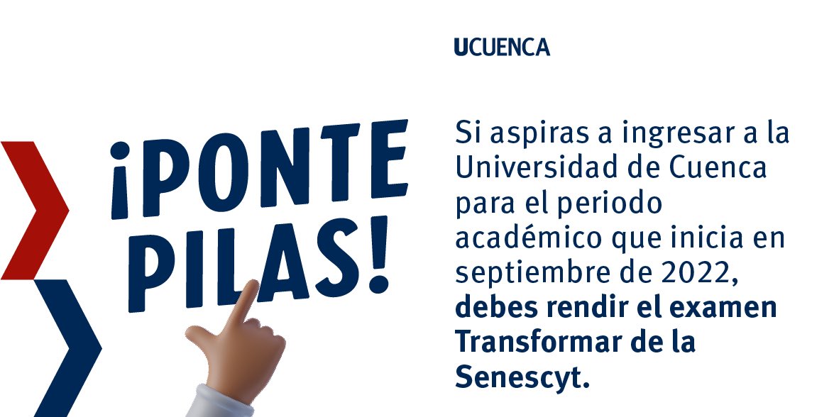 udecuenca's tweet photo. #AdmisiónUCuenca | ⚠Importante
El proceso de admisión para ingresar a la #UCuenca continúa mediante el #ExamenTransformar de la @senescyt.
Recuerda que la eliminación de esta prueba entra en vigencia desde el 2023.
Más información https://t.co/F1Jc5c2qAw https://t.co/e2U4JNk4Gz
