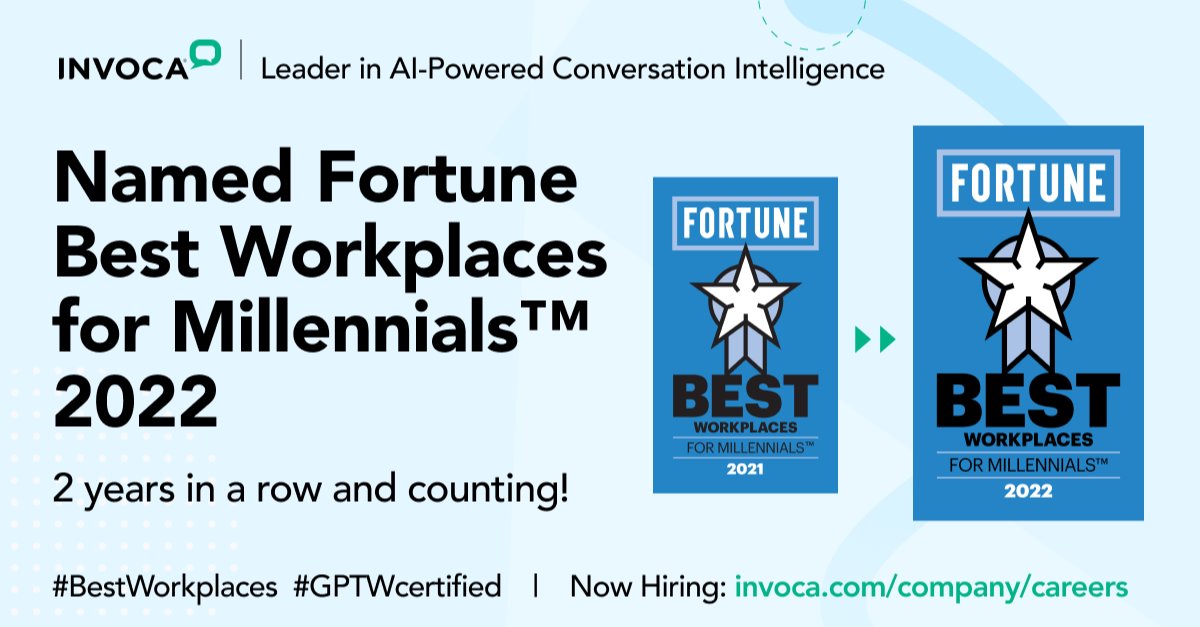 AngeliqueEDavis's tweet photo. Today I am proud to be an Invoca employee as we have been included in Fortune’s Best Workplaces for Millennials™ 2022 list for the second consecutive year! Way to go, team Invoca! 🎉
#BestWorkplaces #BestWorkplaces2022 #GPTWcertified #invocalife https://t.co/OyLyf0XW28