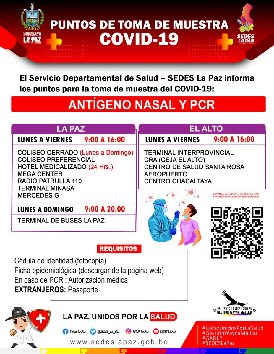 SEDES_La_Paz's tweet photo. #SEDESInforma
#puntosdepruebascovid
El Servicio Departamental de Salud La Paz está listo para enfrentar la #QuintaOla te compartimos los puntos de pruebas rápidas antígeno nasal disponibles para la población.
#LaPazUnidosPorLaSalud
#GestionWaynaMallku
#GADLP
#SEDESLaPaz https://t.co/vFiBPTKT35