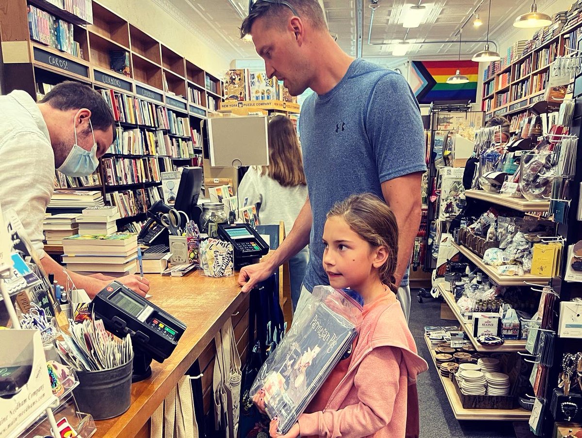 PigParmesan's tweet photo. Daughter Jane Barrowman, Inventor and Chief Marketing Officer of Parmesan Pig, brought copies &amp; bookmarks to Sherman’s Maine Coast Bookstore, i.e. “Maine’s Oldest Bookstore,” in #PortlandME. Hoping to have 🧀🐷 on shelves a block away from our favorite cup of chowder (Gilbert’s) https://t.co/Jfr6Rvp0Fr