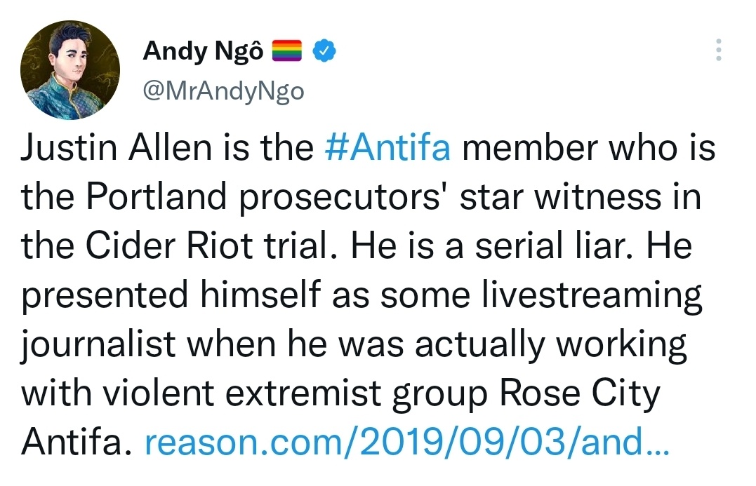 Johnnthelefty's tweet photo. Andy Ngo is now targeting one of the witnesses, lying and saying he is an #Antifa member that worked with RCA.  Interesting how he goes after the one that got damning video of him with the far right group while they planned the #CiderRiot attack.  He had no evidence of his claims https://t.co/Vywbt3QSKt